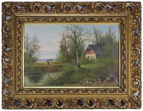 Doczi, L. Landschaftsmaler um 1900, wohl Ungarn, Haus mit Teich am Waldrand, mit Figurenstaffage, Öl