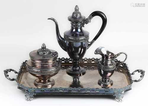 Mokkakanne, Zuckerdose und Milchgießer aus 835er Silber, Italien 2. H. 20. Jh., im Empirestil, mit
