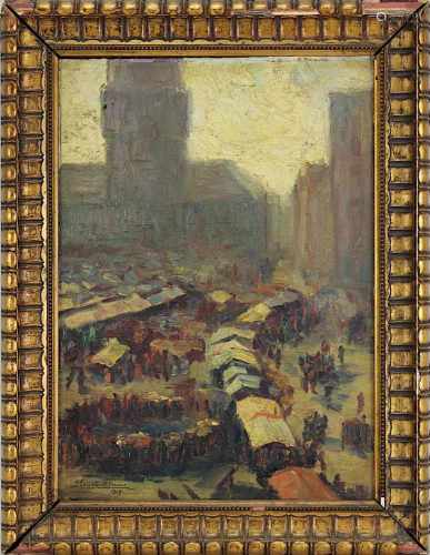 Lanckneus, Léon (Leuven 1889 -  1968 Brügge), Markttreiben in Gent, Öl auf Platte, li. u. signiert