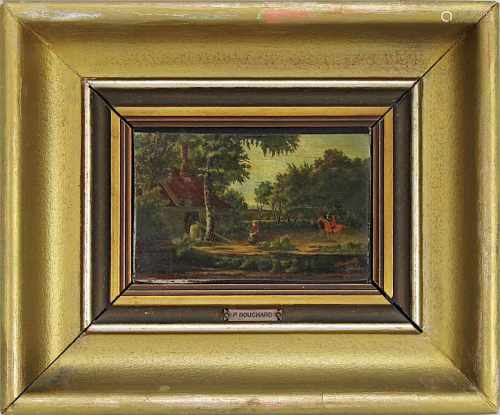 Bouchard, Paul (wohl, Paris 1853-1937), Waldhütte und Reiter, Öl auf Leinwand auf Holzplatte