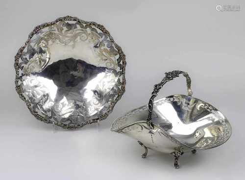 Henkelkorb und Schale aus Silber, 2.H.20.Jh., teils durchbrochen gearbeitet, jeweils auf Füßchen,