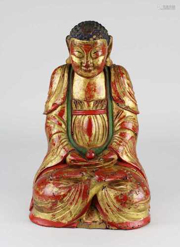 Buddha, Holz mit Lackfassung, China Quing-Zeit, sitzende Figur in Meditationshaltung mit nach obem