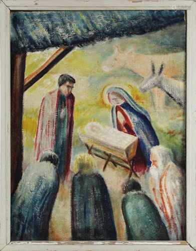 Heiligenmaler 20. Jh., Geburt Christi, Öl auf Hopfen, 77 x 58 cm, kleinere Farbabplatzungen, im