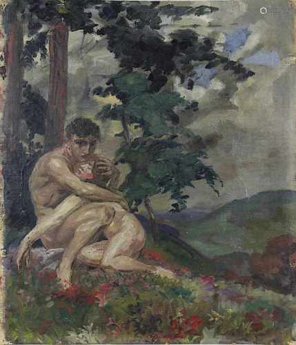 Deutscher Impressionist, Nacktes Liebespaar im Wald, Öl auf Leinwand, auf Karton geklebt, Bildmaß 40