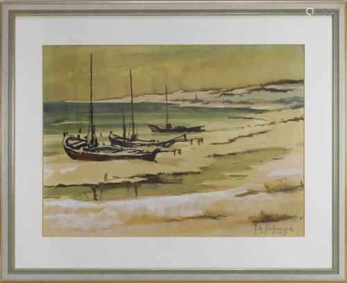 Pasternak, Fritz, Maler 20. Jh., winterlicher Bodensee mit Segelbooten am Ufer, Aquarell, teils weiß