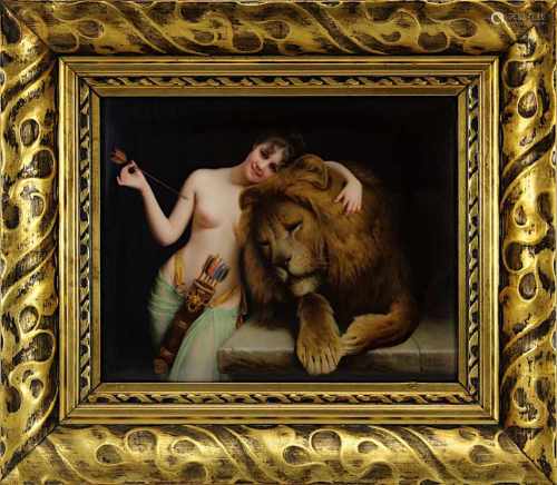 Scherf, Albert (1876-1953), Porzellanbild Diana und der Löwe, nach Angelo Graf v. Courten (Bologna