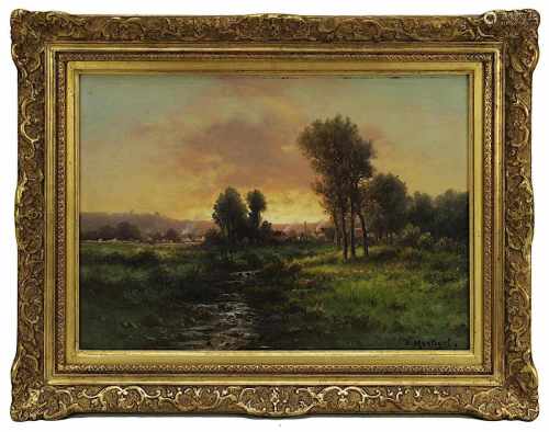 Landschaftsmaler E. Martinal, Frankreich um 1880, Bachaue und Dorf im Abendlicht,