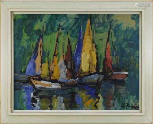 Rainer, Karl (1910-1999), Segelboote, um 1955, Öl pastos auf Malkarton gemalt, auf Hartfaserplatte