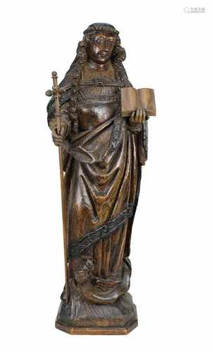 Heilige Margarethe, deutsch im gothischen Stil, 19. Jh. o. älter, Eichenholz vollrund geschnitzt,