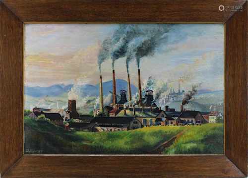 Weigang, J., deutscher Industriemaler, 1. H. 20. Jh., Hüttenansicht, Öl auf Karton, links unten