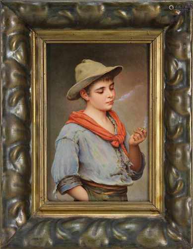 Scherf, Albert (1876-1953), Porzellanbild Der kleine Raucher, nach Eugen von Blaas (Albano Laziale