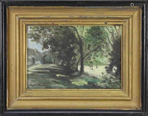 Humbert, Eugène, französischer Maler um 1900, Baumbestandener Weg, Öl auf Platte, li. u. signiert,