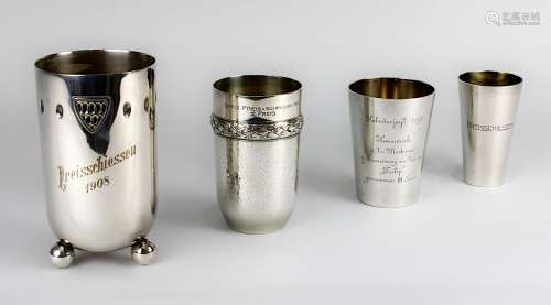Vier Becher als Preise für Preisschießen 1899 - 1911, davon drei aus 800er Silber, mit Gravur, einer
