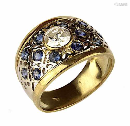 Gelbgoldbandring mit Saphiren und einem Brillant, deutsch 1980er Jahre, Handarbeit, 750er Gold