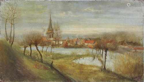 A. Kerters, Landschaftsmaler, Deutschland um 1910, Fluß oder See vor Dorfkulisse, unten rechts