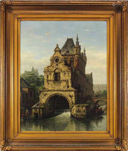 Narvlaet, J., wohl belgischer Maler 19. Jh., belgisches Wasserschloss mit Figurenstaffage des 17.