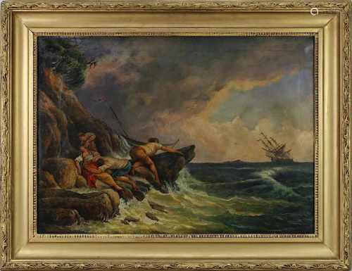Hulsman, C., Maler 2. H. 19. Jh., Schiffsbrüchige auf meerumspülten Klippen, Öl auf Leinwand,