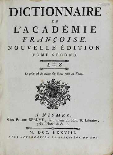 Dictionnaire de L`Académie Francaise, zwei Bände, Nismes 1778, Ledereinbände der Zeit, gestochene