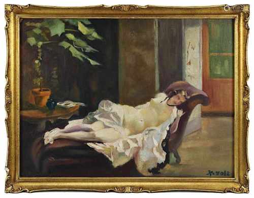 Volz, K., deutscher Aktmaler, Regensburg um 1920-30, Liegender weiblicher Akt auf Diwan im