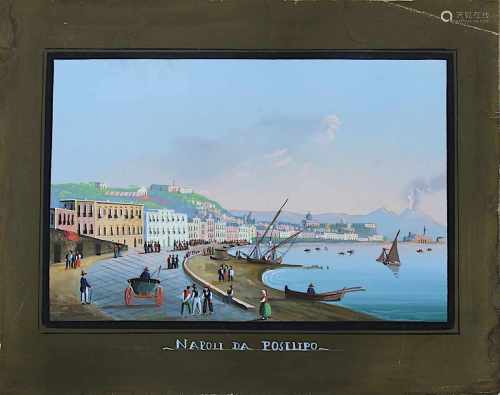 Küstenansicht von Napoli da Posilipo mit Figurenstaffage und Vesuv, Gouache, 1.H.19.Jh., Knickspuren