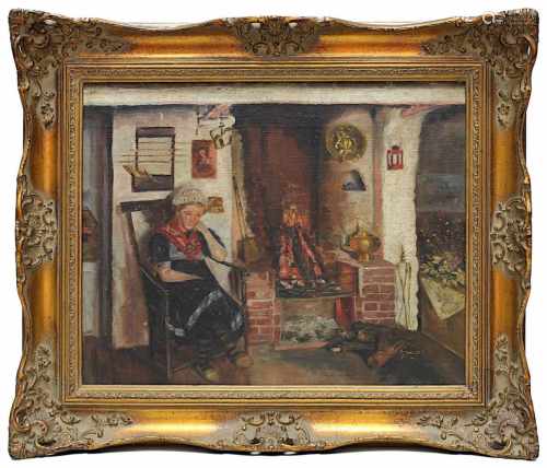Genremaler um 1920, Holländerin im Interieur, am Kamin sitzend, Öl auf Leinwand 40 x 50,5 cm, im