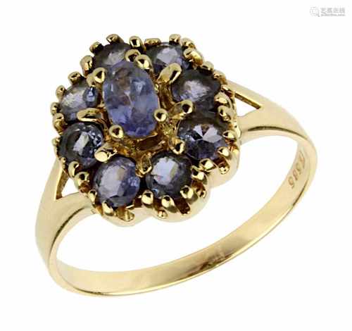 Gelbgold-Damenring mit Amethyststeinen, 585er Gelbgold-Ringschiene, gestempelt 585, Ringkopf mit 9