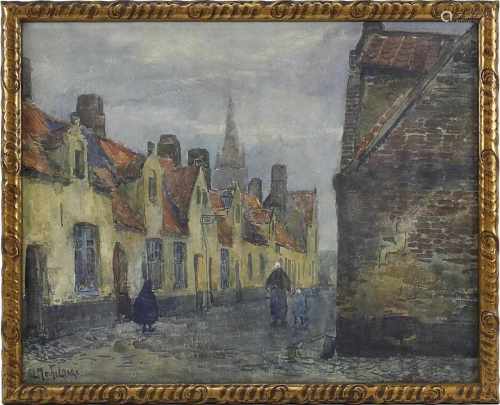 Mechelaere, Léon (Belgischer Maler 1880 - 1964) Straßenzug in einer flämischen Stadt, Aquarell,