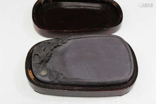 Carved Duan inkstone in wood box.