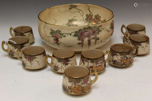 Japanese Satsuma porcelain cups and big bowl, made in