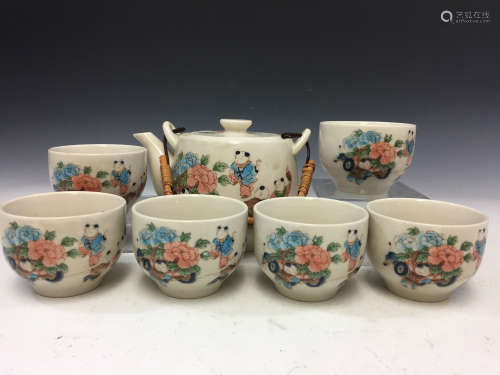 Set of Chinese hand painted porcelain teapot and six