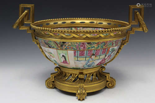 Chinese rose medallion porcelain bowl with brass mount.