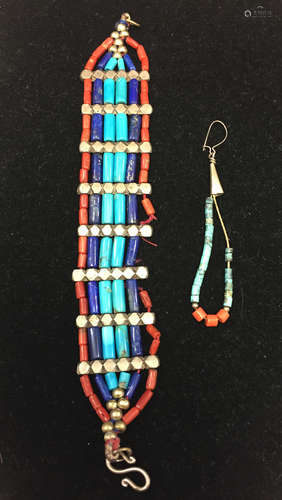 Turquoise, coral and lapis lazuli bead bracelet and one