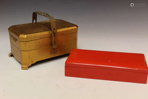 A Japanese lacquered jewelry box and a metal box.