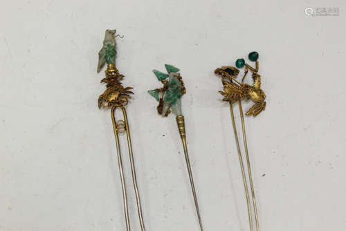 Three Chinese silver and jade hair pins.