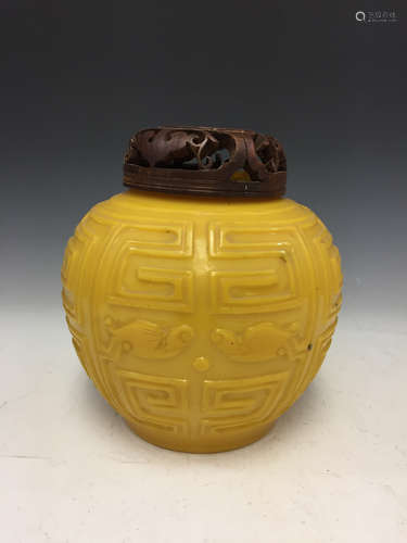 Chinese Peking glass jar with carved wood lid.