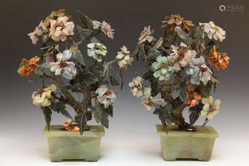 Two Chinese carved hardstone bonsai trees.