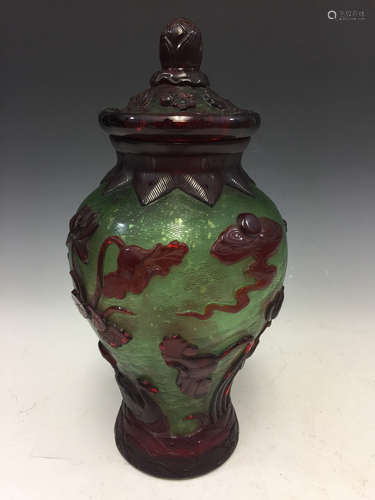 Chinese Peking glass vase with lid.