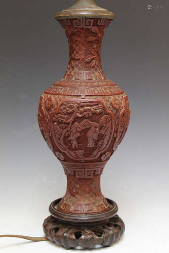 Chinese carved cinnabar vase lamp.