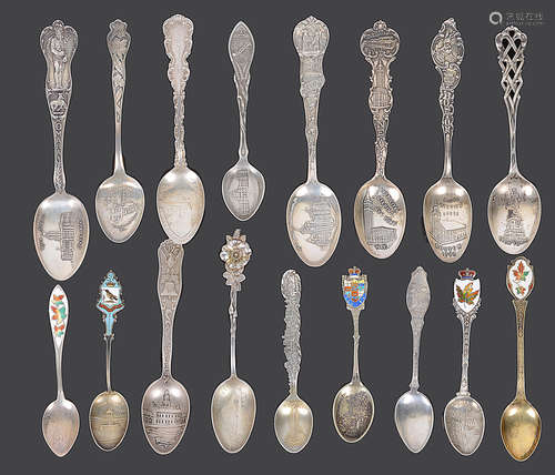 A collection of early 20th century American and Canadian sterling silver souvenir teaspoons