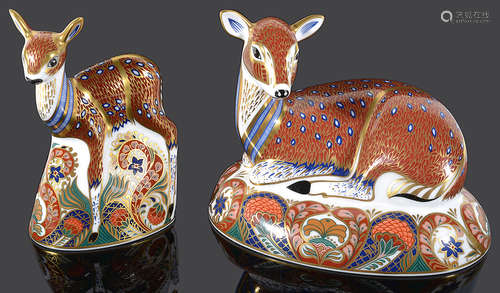 Two Royal Crown Derby deer Imari paper weights