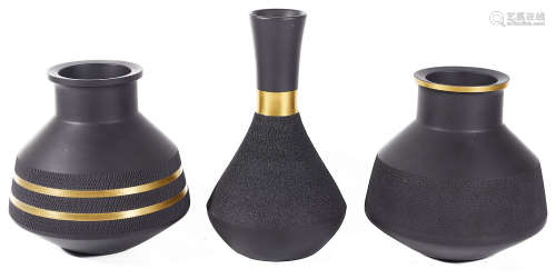 Three contemporary Wedgwood black basalt vases design by David Puxley c.1960