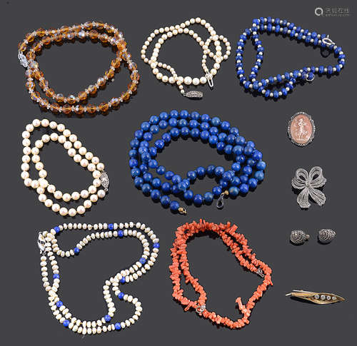 A small collection lapis lazuli and cultured pearl necklaces