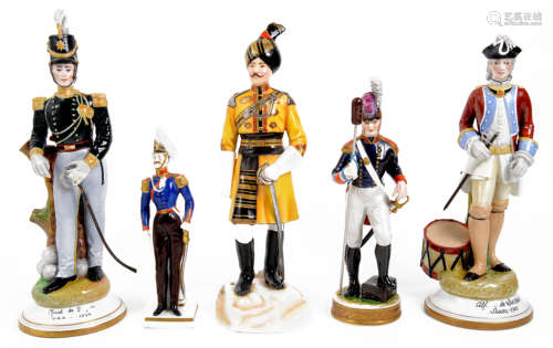 Five porcelain figures of soldiers