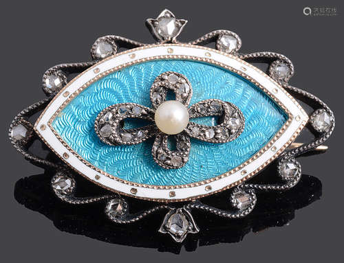 A delightful Georgian turquoise guillioche enamel and rose diamond locket back brooch