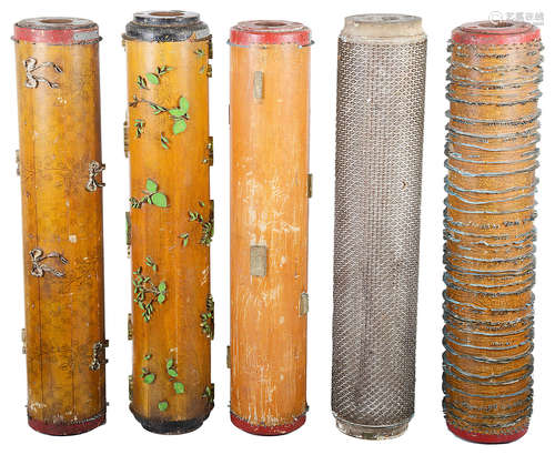 Five early to mid 20th century wood and metal wallpaper printing cylinders,