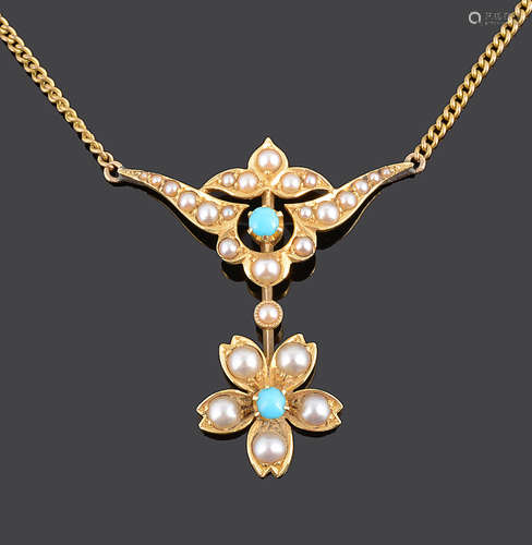 An Edwardian yellow metal pearl and turquoise pendant necklace