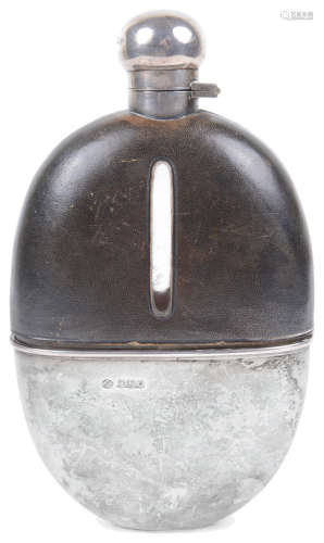 A George V large silver mounted oval glass and leather hip flask