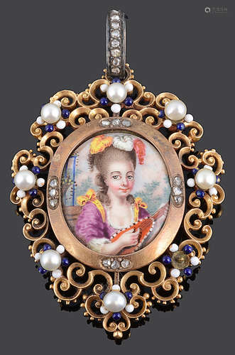 A Renaissance style diamond and enamel portrait pendant