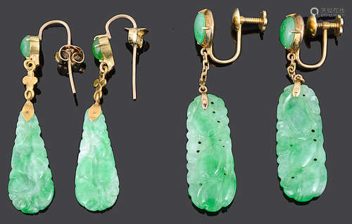 Two pairs of early 20th Century Chinese carved jade drop earrings