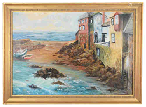 Olive Henry RUA (1902-1989) 'Harbour scene', oil on board